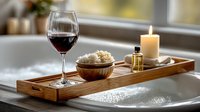 Relaxing bath tray with glass of red wine, bath salts, essential oil, and glowing candle creating spa-like atmosphere for self-care ritual.