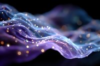 Ethereal flowing waves of purple and blue light with glowing particles and bokeh effects against dark background create magical atmospheric composition.