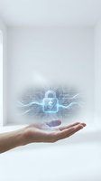 Hand holding holographic financial security lock with circuit patterns and dollar symbol for fintech and digital banking protection concepts.