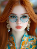 Young woman with bright red hair wearing turquoise round glasses and ornate earrings, close-up portrait showing striking blue eyes and coral lips against blurred background.
