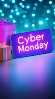 Glowing neon Cyber Monday sign with gift boxes against blurred blue bokeh background, creating modern shopping atmosphere for seasonal promotions and sales.