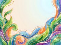 Colorful watercolor floral frame with swirling leaves and waves in green, blue, orange, and purple tones with sparkles on light background.