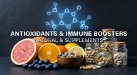 Antioxidants and immune boosters natural supplements with citrus fruits blueberries nuts and vitamin capsules on dark slate background for wellness.