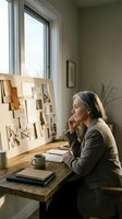 Mature woman with gray hair, East Asian ethnicity, sitting at wooden desk near large window, contemplating mood board with architectural samples and sketches, coffee mug and notebook nearby, interior designer or architect at work.