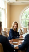 Professional blonde businesswoman leading corporate meeting in modern conference room with natural lighting and elegant interior design.