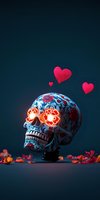 Mexican sugar skull with glowing eyes and floral patterns emits romantic atmosphere as red hearts float above, surrounded by scattered rose petals on dark background.