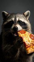 Adorable raccoon eating pepperoni pizza slice on dark background, funny wildlife animal with food concept for humorous advertising and social media content.