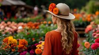 Young blonde woman in orange sweater and beige hat admiring colorful marigold flowers at garden center or farmers market during autumn season for seasonal shopping.