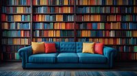 Elegant teal velvet sofa with vibrant yellow and red cushions against colorful library bookshelf background, creating cozy reading atmosphere in home interior.