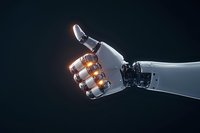 Glowing robotic arm showing thumbs up gesture against dark background, futuristic artificial intelligence technology concept with orange light effects.
