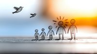 Minimalist stick figure family holding hands at sunset with flying birds, expressing unity, love and hope. Simple line drawing style on blurred background.
