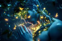 Mystical female portrait with glowing butterflies and luminous vines, fantasy art in dark blue and gold tones, woman with closed eyes touching magical light.