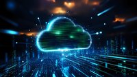Glowing digital cloud symbol over futuristic city skyline with streaming data lines and network connections in blue and green neon lights against dark background.