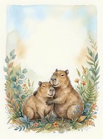 Watercolor capybara pair hugging among wildflowers and lush greenery, soft pastel tones, copy space at top for text or greeting cards.