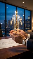 Businessman hands holding glowing holographic human anatomy model with nervous system in modern office at night for healthcare technology presentation.