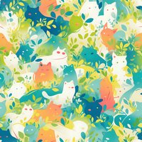 Playful cats among green foliage and turquoise elements create seamless pattern with coral and white kittens surrounded by leaves and botanical elements.
