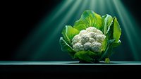 Fresh white cauliflower head with green leaves on dark background with dramatic lighting and rays, healthy organic vegetable macro photography for food concept.