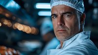 Middle-aged Caucasian male surgeon in scrubs and surgical cap looking confident in modern operating room with blurred medical equipment background.