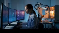 Female scientist in white lab coat works at computer monitors beside robotic arm in modern research laboratory with blue lighting.