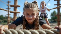 Young girl with braided hair smiling while climbing on outdoor rope course adventure park. Active child enjoying summer recreation and physical activity at climbing playground.