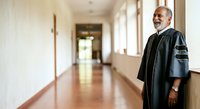 Middle-aged male professor or academic professional wearing black graduation gown and hood standing in university hallway, smiling confidently while looking away. Suitable for education, academia, graduation, and professional development content.