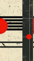 Abstract geometric composition featuring bold red circles against black and cream background with horizontal lines and textured spatter effect. Minimalist art style.