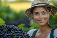 Young Caucasian woman in straw hat smiling while holding freshly harvested purple grapes in vineyard, with green leaves and natural sunlight creating warm atmosphere.