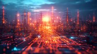 Glowing digital network grid with illuminated connections spreading across futuristic cityscape against dramatic sky, orange light trails forming technological pattern.