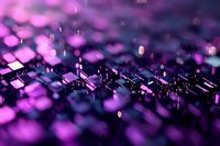 Glowing purple and blue geometric shapes create abstract technology background with bokeh effect and depth of field for modern digital designs.