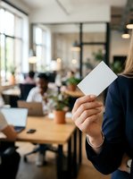 Professional holding blank white card in modern office workspace with colleagues and natural light from windows.