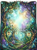 Enchanted forest scene with gnarled trees, glowing orbs, hanging lanterns, and magical woodland atmosphere with purple and teal tones. Perfect for fantasy book covers, wall art, and mystical designs.