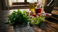 Fresh herbs parsley and thyme on rustic wooden table with olive oil bottles and spices in warm kitchen setting for cooking and culinary preparation.