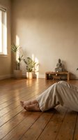 Person resting in child's pose on warm wooden floor in a serene meditation room with plants and Buddha statue in soft natural light.