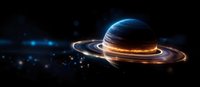 Glowing blue planet with luminous orange rings against dark space background, surrounded by stars and cosmic dust creating atmospheric sci-fi scene.