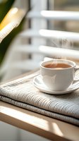 Steaming cup of hot tea on knitted blanket near window with morning sunlight streaming through blinds, creating cozy atmosphere for relaxation and mindfulness.