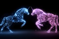 Glowing particle horses in blue and pink neon colors face each other on black background, creating magical ethereal effect for fantasy art and design projects.