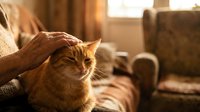 Orange tabby cat being gently petted by elderly person's hand in warm sunlit living room creating cozy domestic scene for pet care and companionship.