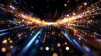 Abstract background with glowing blue and orange light trails creating dynamic motion effect against dark backdrop, radiating from center in perspective view.