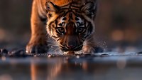 Young Bengal tiger drinking water from lake at sunset, close-up portrait showing intense eyes and reflection. Dramatic wildlife photography with warm lighting.