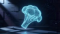 Glowing wireframe broccoli floret rendered in cyan blue light against dark digital circuit board background, representing healthy food technology and nutrition innovation.