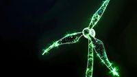 Glowing green wind turbine with digital particle effect against dark background, representing renewable energy technology and sustainable power generation solutions.
