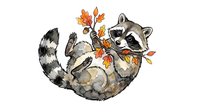 Playful raccoon lying on its back juggling autumn leaves, isolated on white background for design projects and merchandise applications.