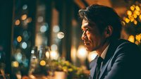 Professional businessman in suit smiling at upscale restaurant with warm bokeh lighting creating elegant dining atmosphere for corporate entertainment.
