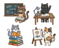 Cartoon cats in school and art settings, isolated on white background. Brown tabby cat with glasses teaching at chalkboard, black cat at desk with supplies, gray cat reading on stacked books, orange and white cat painting paw prints on easel. Clipart suitable for educational materials, children's content, t-shirts and design projects.