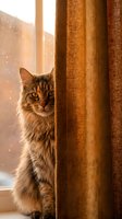 Tabby cat with long fur peeking behind brown woven curtains near sunlit window, suitable for pet, home decor, and lifestyle content.