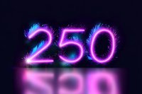 Electric neon number 250 with glowing purple and pink light effects on dark background with reflection for anniversary celebration design.