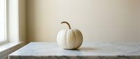 Single white pumpkin on marble table by window with natural light creating minimalist autumn decor for seasonal home styling and fall decorating.