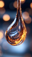 Glowing amber liquid drop with sparkling particles suspended in motion against blurred bokeh background, macro photography highlighting transparency and light effects.