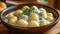 Creamy potato gnocchi in rich sauce garnished with fresh rosemary and black pepper served in rustic brown ceramic bowl on wooden table, comfort food.