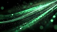 Glowing green light waves with sparkles and bokeh effects on dark background create dynamic motion and energy flow for technology and science designs.